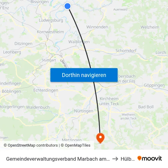 Gemeindeverwaltungsverband Marbach am Neckar to Hülben map