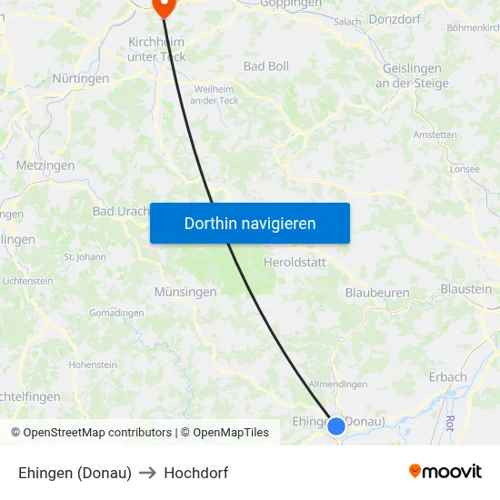 Ehingen (Donau) to Hochdorf map