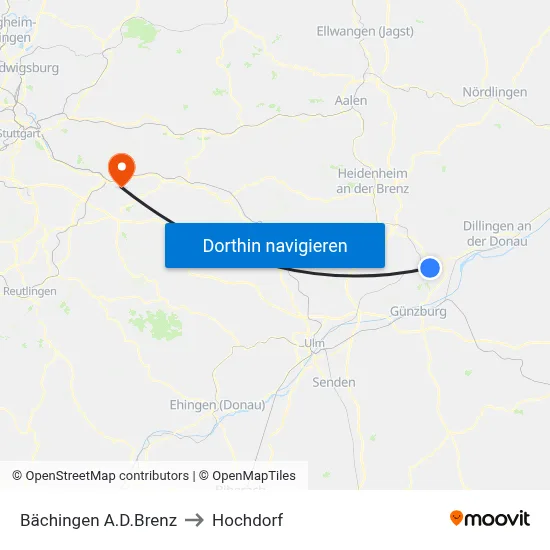 Bächingen A.D.Brenz to Hochdorf map