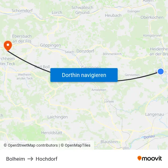 Bolheim to Hochdorf map