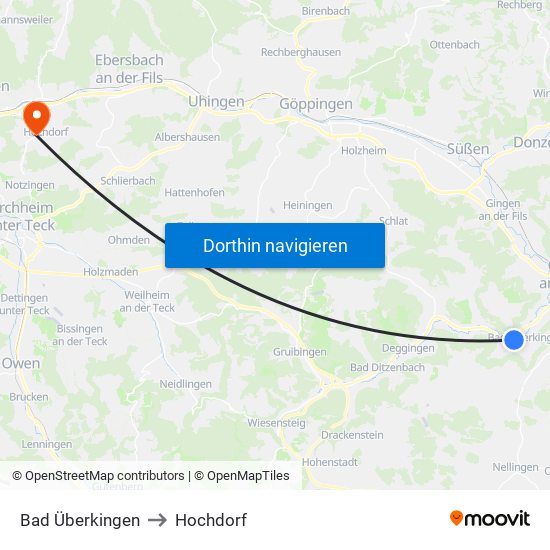 Bad Überkingen to Hochdorf map