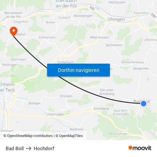 Bad Boll to Hochdorf map