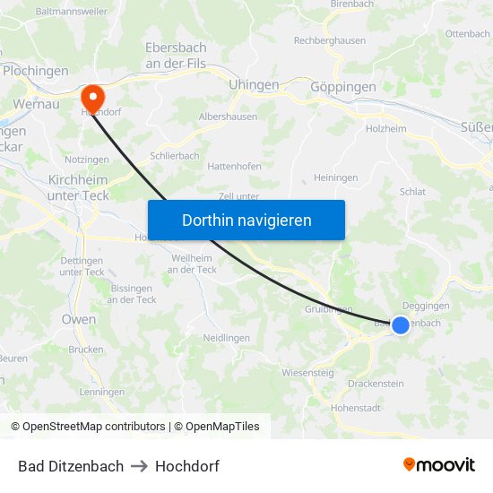 Bad Ditzenbach to Hochdorf map