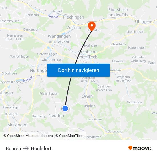Beuren to Hochdorf map