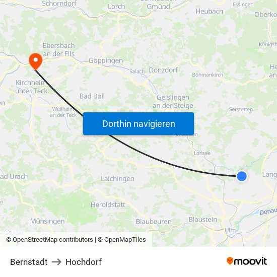 Bernstadt to Hochdorf map