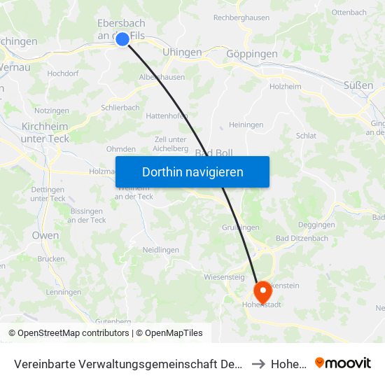 Vereinbarte Verwaltungsgemeinschaft Der Stadt Ebersbach An Der Fils to Hohenstadt map