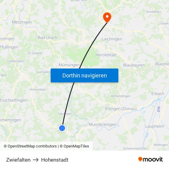 Zwiefalten to Hohenstadt map