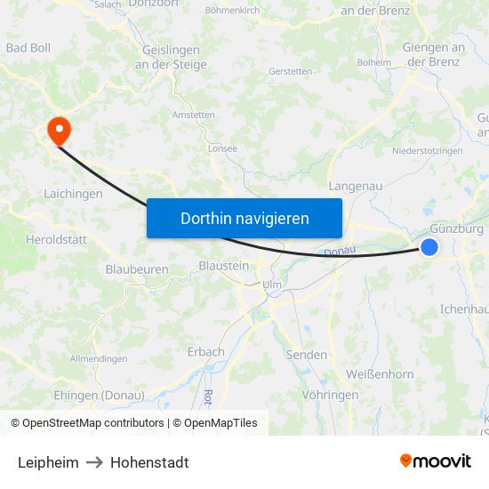 Leipheim to Hohenstadt map