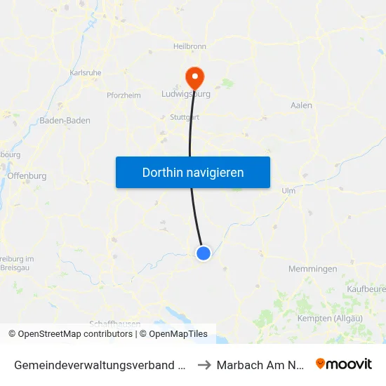 Gemeindeverwaltungsverband Mengen to Marbach Am Neckar map