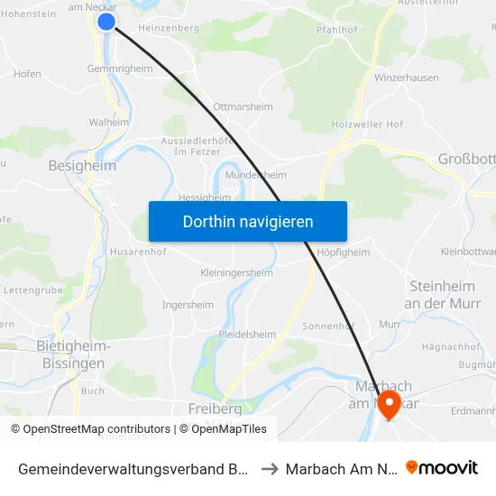 Gemeindeverwaltungsverband Bönnigheim to Marbach Am Neckar map