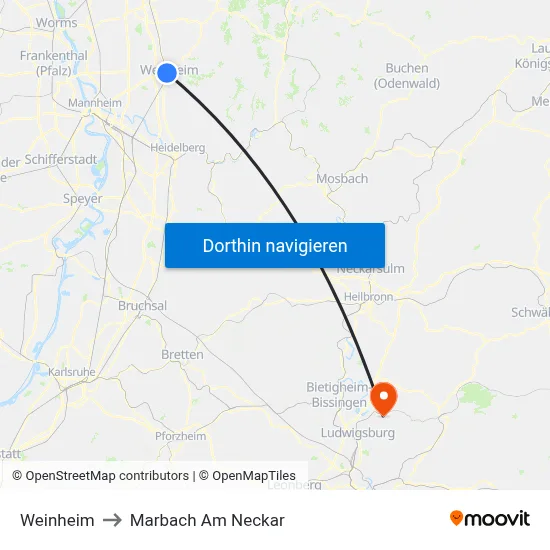 Weinheim to Marbach Am Neckar map