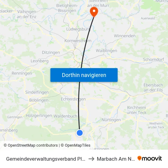 Gemeindeverwaltungsverband Pliezhausen to Marbach Am Neckar map
