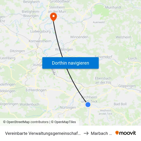 Vereinbarte Verwaltungsgemeinschaft Der Stadt Kirchheim Unter Teck to Marbach Am Neckar map