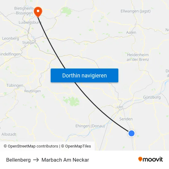Bellenberg to Marbach Am Neckar map