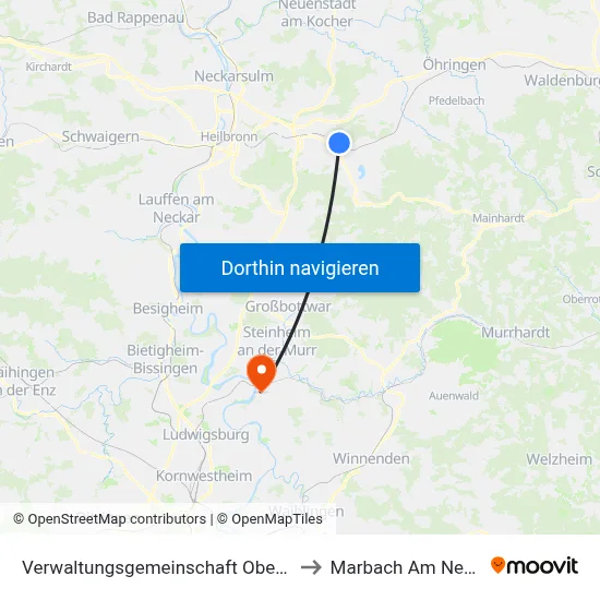 Verwaltungsgemeinschaft Obersulm to Marbach Am Neckar map