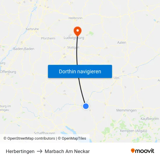 Herbertingen to Marbach Am Neckar map