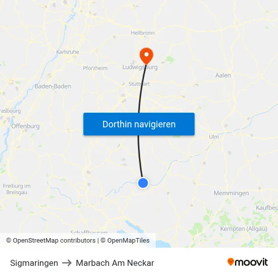 Sigmaringen to Marbach Am Neckar map