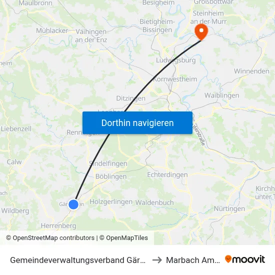 Gemeindeverwaltungsverband Gärtringen/Ehningen to Marbach Am Neckar map