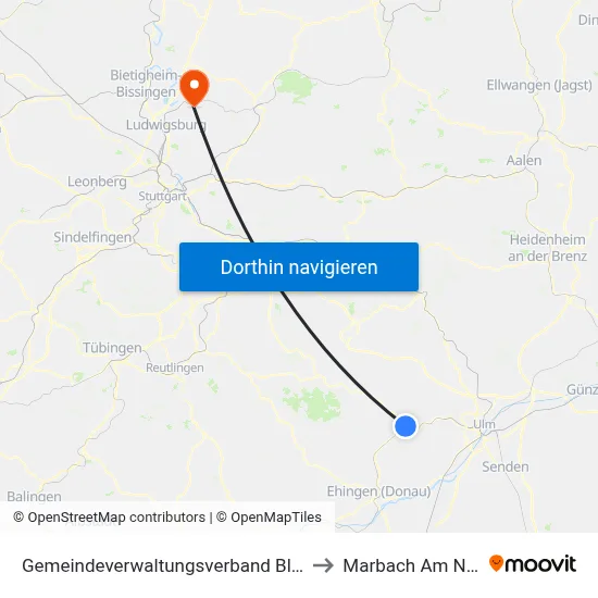 Gemeindeverwaltungsverband Blaubeuren to Marbach Am Neckar map