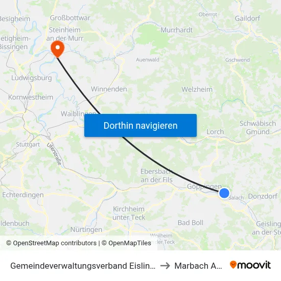 Gemeindeverwaltungsverband Eislingen-Ottenbach-Salach to Marbach Am Neckar map