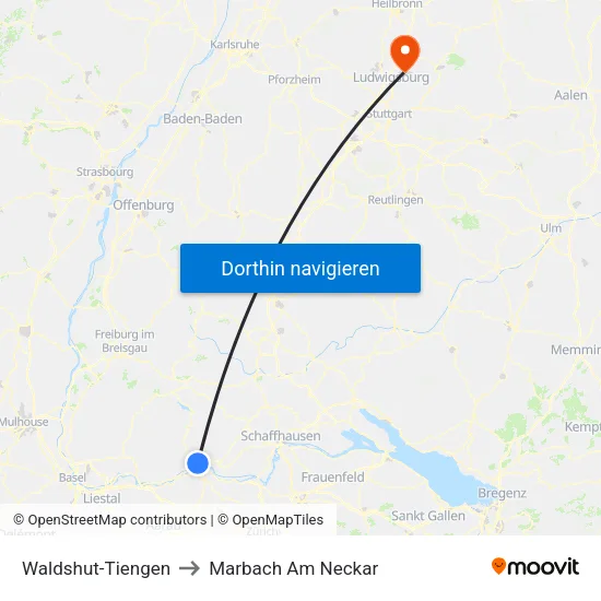 Waldshut-Tiengen to Marbach Am Neckar map