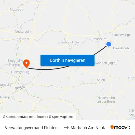 Verwaltungsverband Fichtenau to Marbach Am Neckar map