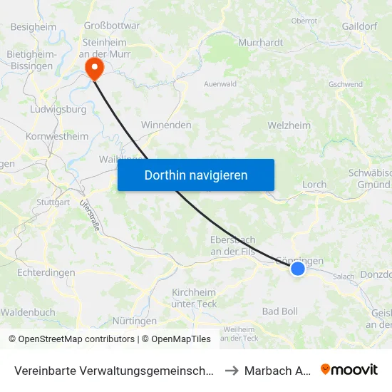 Vereinbarte Verwaltungsgemeinschaft Der Stadt Göppingen to Marbach Am Neckar map