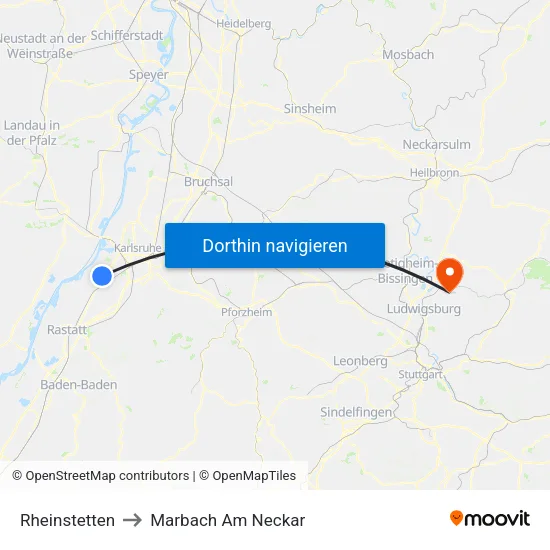 Rheinstetten to Marbach Am Neckar map