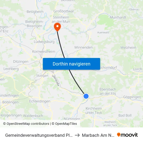 Gemeindeverwaltungsverband Plochingen to Marbach Am Neckar map