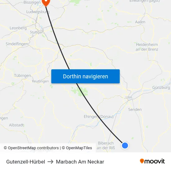 Gutenzell-Hürbel to Marbach Am Neckar map
