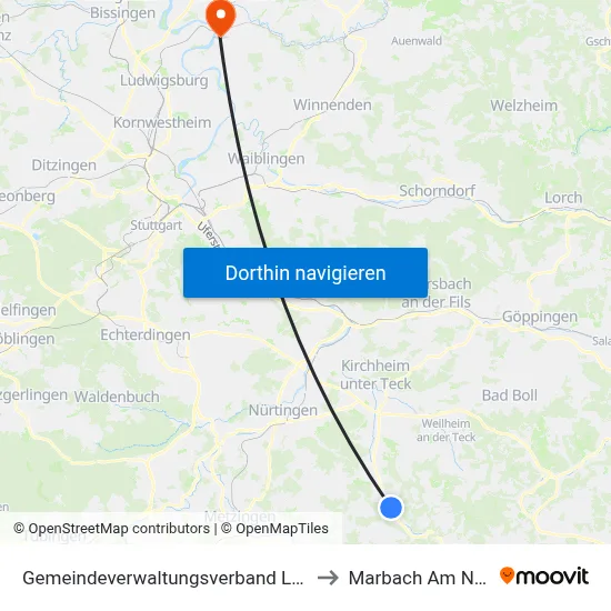 Gemeindeverwaltungsverband Lenningen to Marbach Am Neckar map