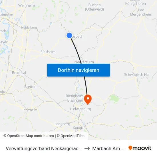 Verwaltungsverband Neckargerach-Waldbrunn to Marbach Am Neckar map