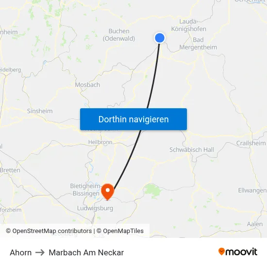 Ahorn to Marbach Am Neckar map
