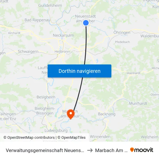 Verwaltungsgemeinschaft Neuenstadt am Kocher to Marbach Am Neckar map