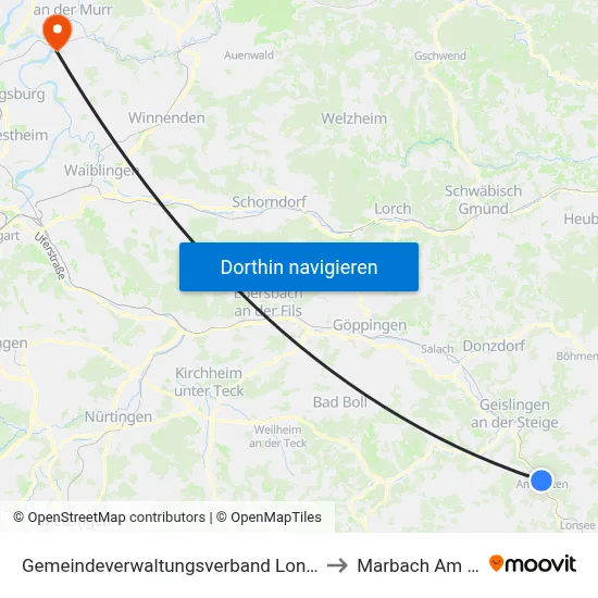 Gemeindeverwaltungsverband Lonsee-Amstetten to Marbach Am Neckar map