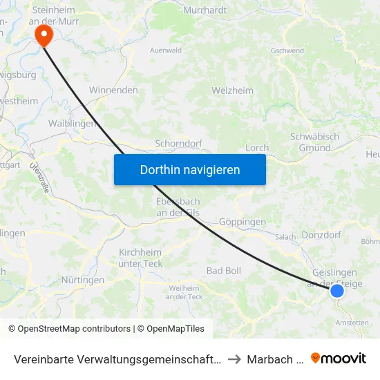 Vereinbarte Verwaltungsgemeinschaft Der Stadt Geislingen An Der Steige to Marbach Am Neckar map