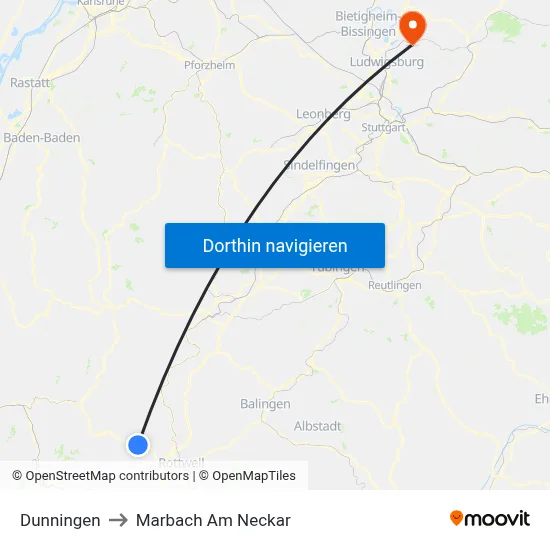Dunningen to Marbach Am Neckar map