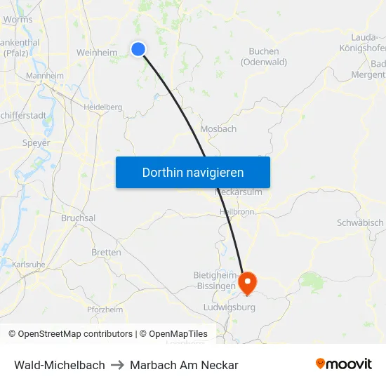 Wald-Michelbach to Marbach Am Neckar map