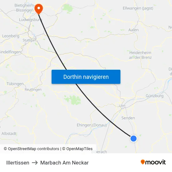 Illertissen to Marbach Am Neckar map