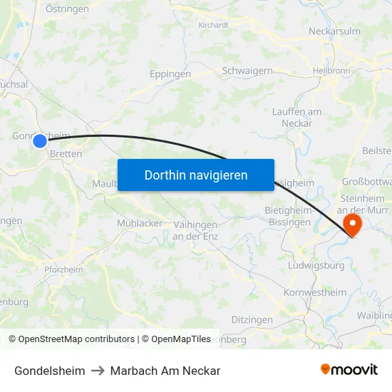 Gondelsheim to Marbach Am Neckar map