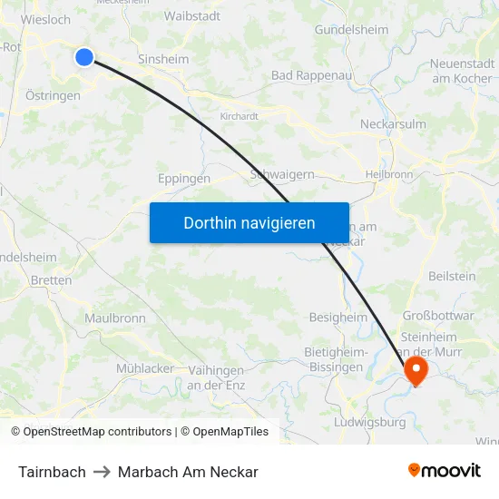 Tairnbach to Marbach Am Neckar map