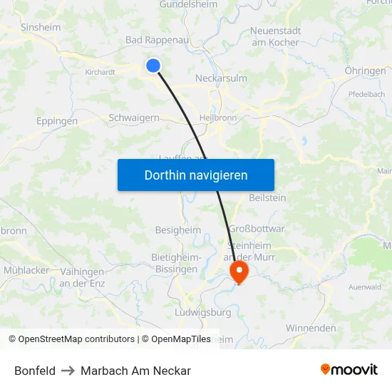 Bonfeld to Marbach Am Neckar map