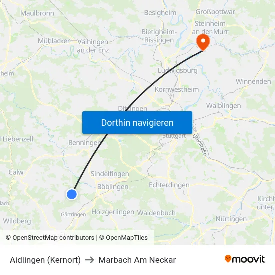 Aidlingen (Kernort) to Marbach Am Neckar map