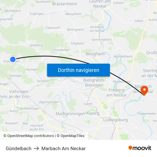 Gündelbach to Marbach Am Neckar map