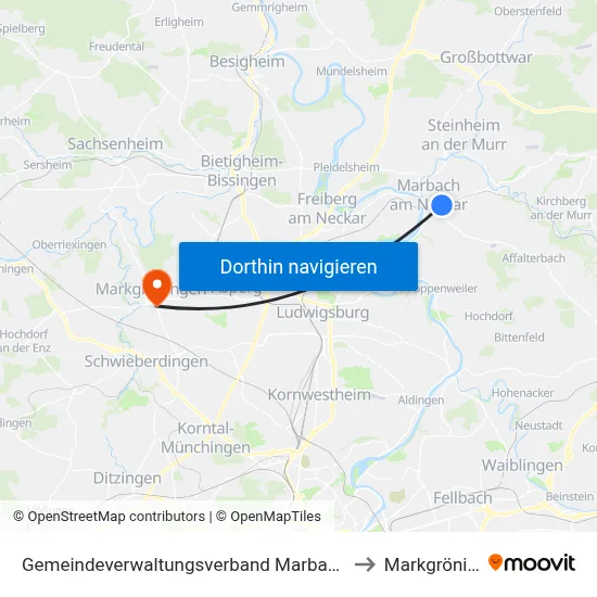 Gemeindeverwaltungsverband Marbach am Neckar to Markgröningen map