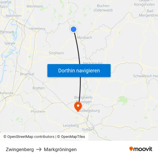 Zwingenberg to Markgröningen map