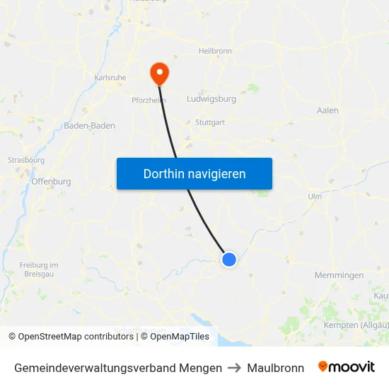 Gemeindeverwaltungsverband Mengen to Maulbronn map