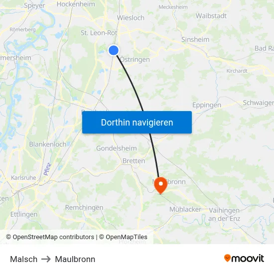 Malsch to Maulbronn map
