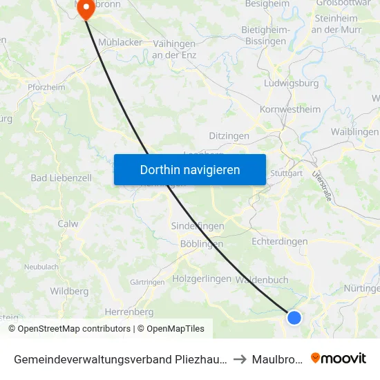 Gemeindeverwaltungsverband Pliezhausen to Maulbronn map