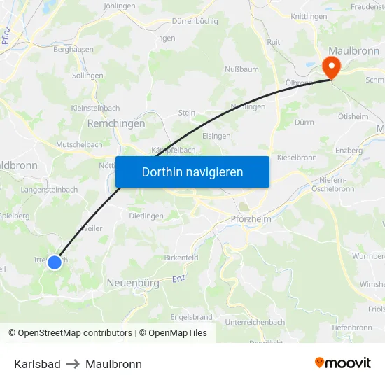 Karlsbad to Maulbronn map